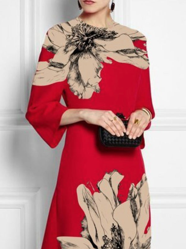 Contrast Color Flower Print Loose Three-Quarter Sleeves Round-Neck Midi Dresses