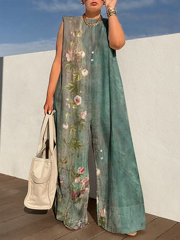 Flower Print Patterned Relaxed Fit Sleeveless Boat Neck Jumpsuits