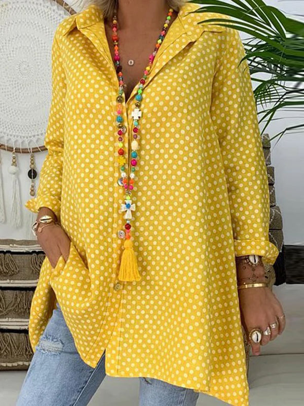 Buttoned Polka-Dot Long Sleeves Loose Lapel Blouses&Shirts Tops