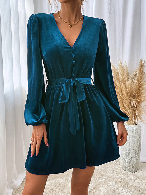 Buttoned Elasticity Solid Color Split-Joint Tied Waist Velvet A-Line Long Sleeves V-Neck Mini Dresses