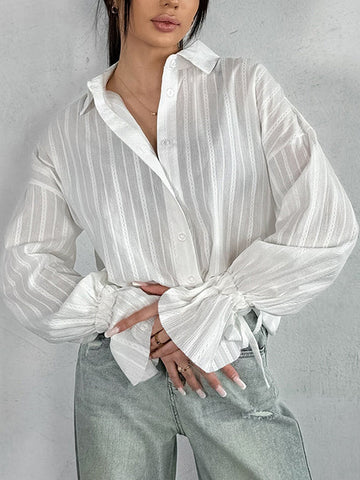 Drawstring See-Through Solid Color Split-Joint Loose Puff Sleeves Lapel Blouses&Shirts Tops