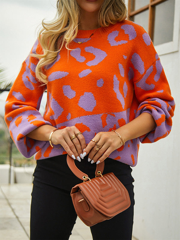 Leopard Split-Joint Long Sleeves Loose Round-Neck Sweater Tops Pullovers