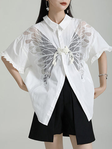 Buttoned Mesh Reversible See-Through Split-back Split-Joint Half Sleeves Loose Lapel Blouses&shirts Tops