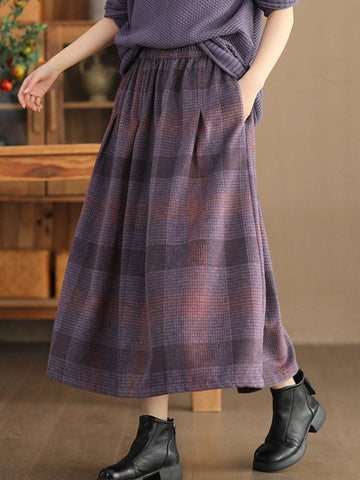 Elasticity Plaid Pleated A-Line Loose Skirts Bottoms