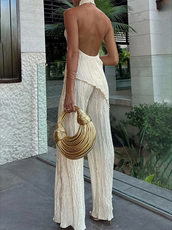 Asymmetric Backless Pleated Pure Color Sleeveless Halter-Neck Vest Top