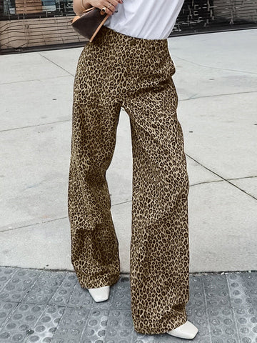 Leopard Printed Split-Joint High Waisted Loose Trousers Pants