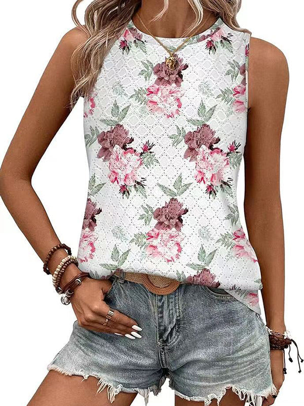 Flower Print Split-Joint Loose Sleeveless Round-Neck Vest Top