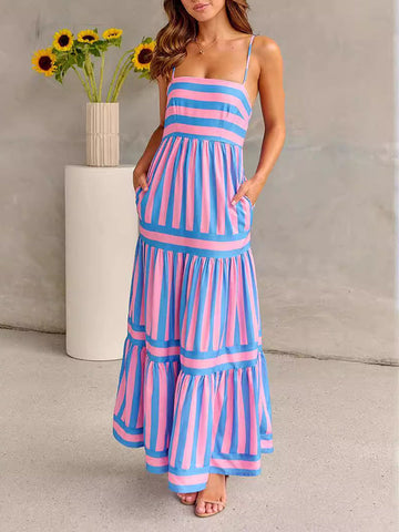 Pleated Split-Joint Striped Loose Sleeveless Spaghetti-Neck Maxi Dresses