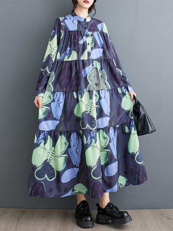 Buttoned Flower Print Pleated Split-Joint A-Line Long Sleeves Round-Neck Midi Dresses