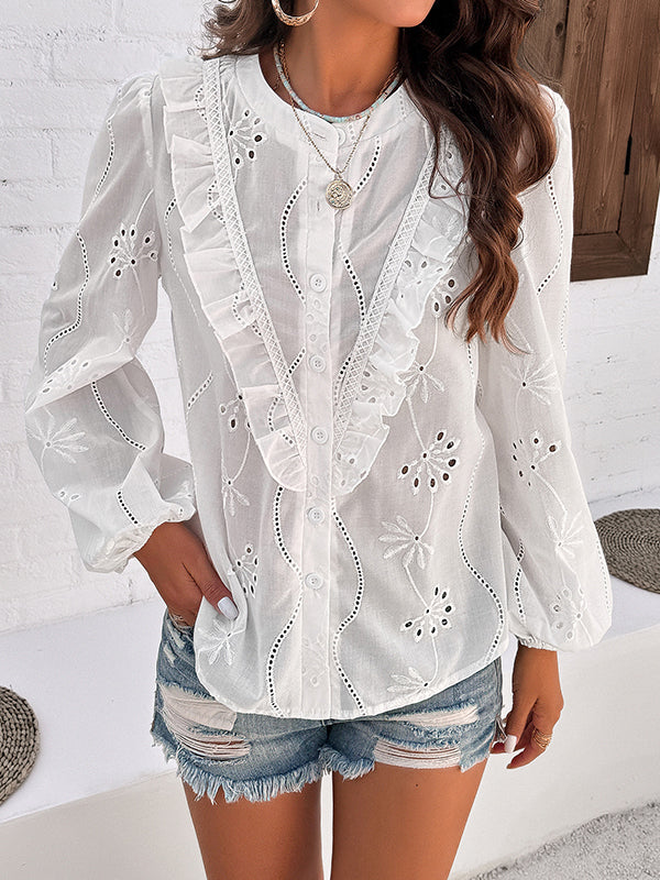 Buttoned Hollow Ruffle Trim Solid Color Split-Joint Long Sleeves Loose Round-Neck Blouses&Shirts Tops