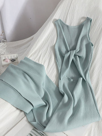 Bowknot Hollow Solid Color Bodycon Sleeveless Midi Dresses