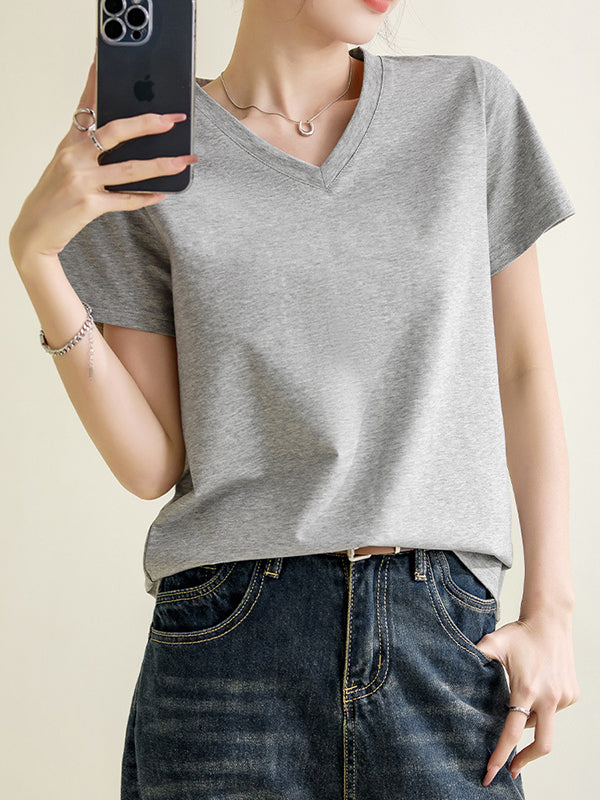 Solid Color Loose Short Sleeves V-Neck T-Shirts Tops