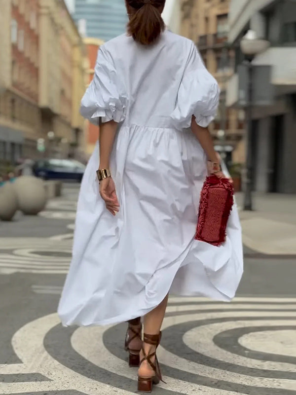 Pleated Solid Color Split-Joint Tied Waist Loose Puff Sleeves Lapel Shirt Dress Midi Dresses