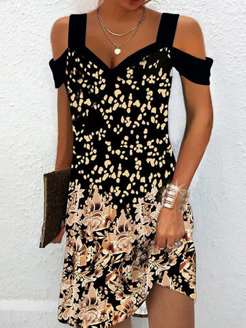 Flower Print Hollow A-Line High Waisted Cold Shoulder Mini Dresses