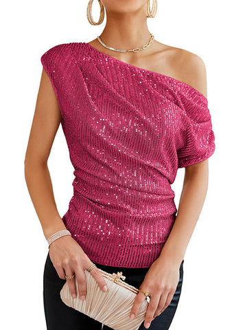 Asymmetric Sequined Shiny Solid Color Split-Joint Loose Skinny One-shoulder Vest Top