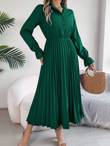 Buttoned Elasticity Pleated Solid Color A-Line Flared Sleeves Lapel Maxi Dresses