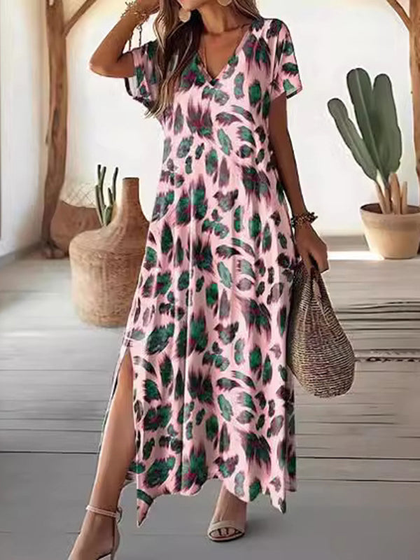 Printed Split-Side Loose Short Sleeves V-Neck Maxi Dresses