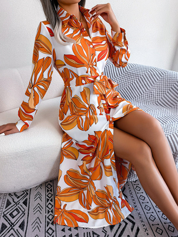 Printed Split-Joint Tied Waist Long Sleeves Loose Lapel Shirt Dress