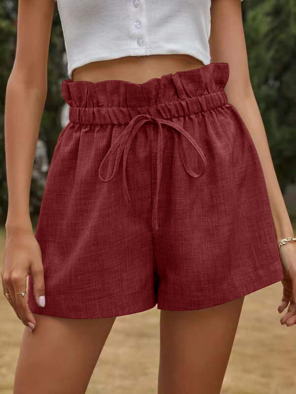 Drawstring Elasticity Pleated Solid Color High Waisted Loose Shorts Bottoms