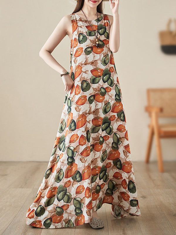 Printed Loose Sleeveless Round-Neck Midi Dresses