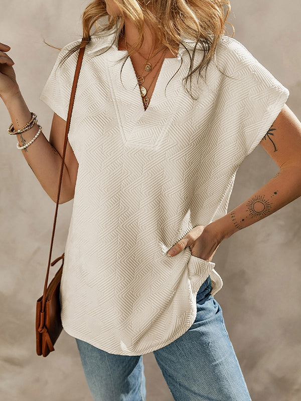 Solid Color Loose Short Sleeves V-Neck T-Shirts Tops