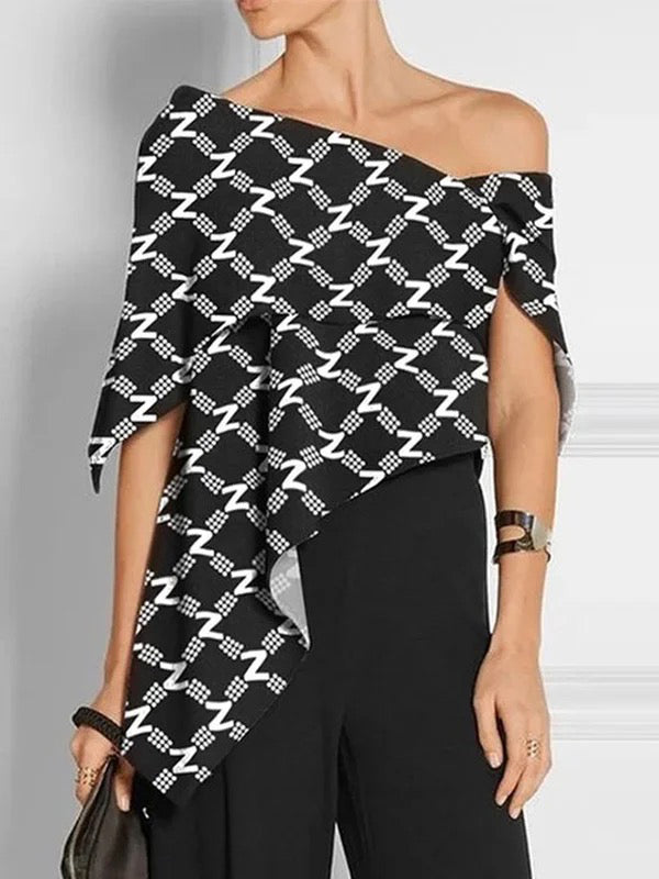 Asymmetric Letter Print Loose Short Sleeves One-shoulder Blouses&shirts Tops