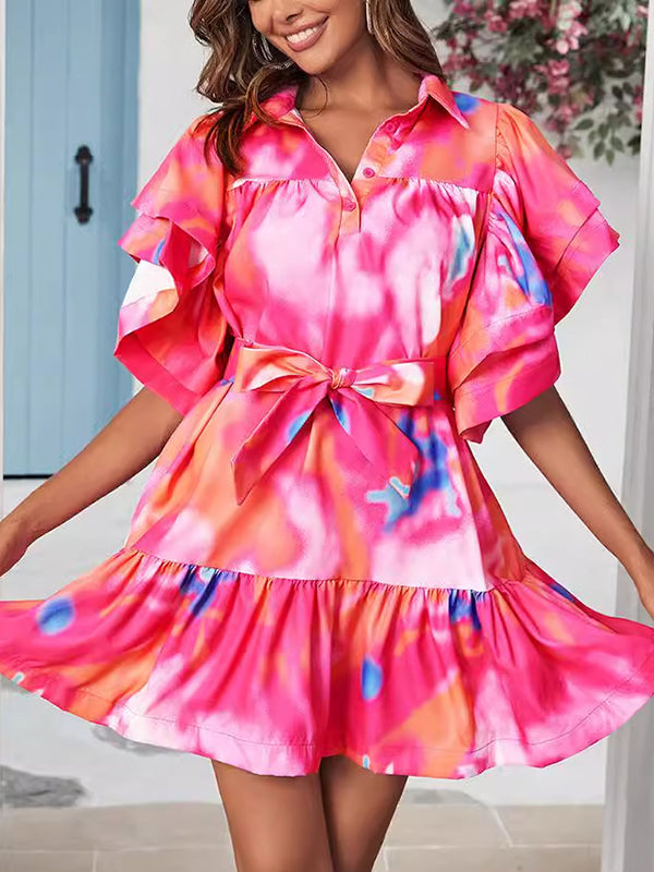 Buttoned Leaves Print Split-Joint Tied Waist Tie-Dyed Loose Ruffle Sleeves Lapel Mini Dresses