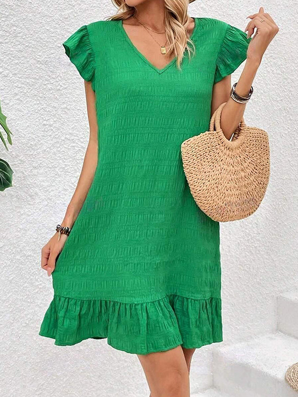 Pleated Solid Color Split-Joint Loose Ruffle Sleeves V-Neck Mini Dresses