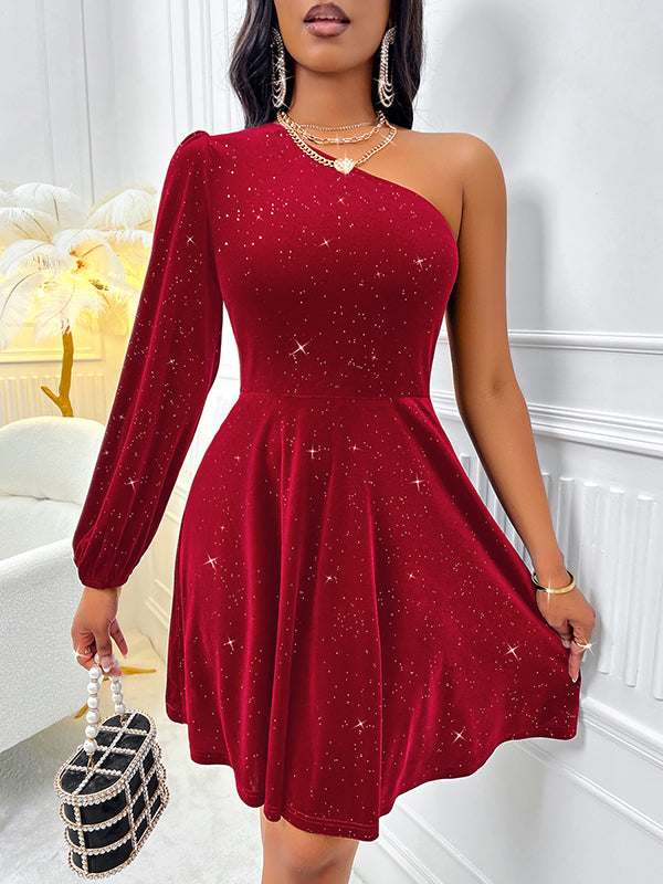 Asymmetric Elasticity Shiny Split-Joint A-Line Long Sleeves One-Shoulder Mini Dresses