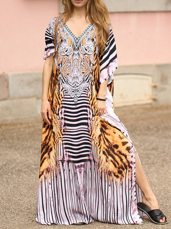 Printed Split-side Tiger Skin Pattern Batwing Sleeves Loose V-neck Maxi Dresses Beach Cover-Up