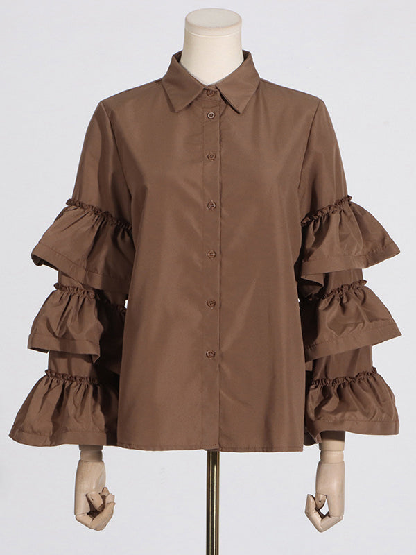 Buttoned Pleated Ruffled Solid Color Split-Joint Long Sleeves Loose Lapel Blouses&Shirts Tops