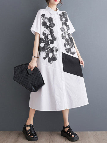 Asymmetric Buttoned Flower Print A-Line Loose Lapel Shirt Dress Midi Dresses