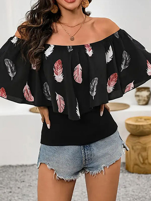 Leaves Print Pleated Split-Joint Half Sleeves Loose Off-the-shoulder Blouses&shirts Tops