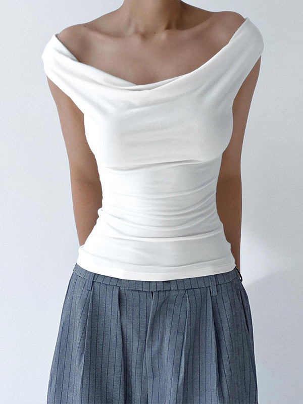 Backless Lace-Up See-Through Solid Color Split-Joint Loose Skinny Off-The-Shoulder T-Shirts Tops