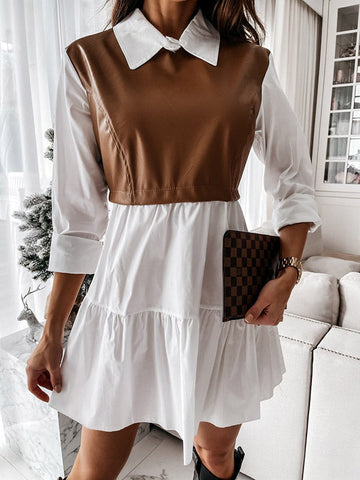 Contrast Color Pleated Split-Joint Long Sleeves Loose Lapel Mini Dresses