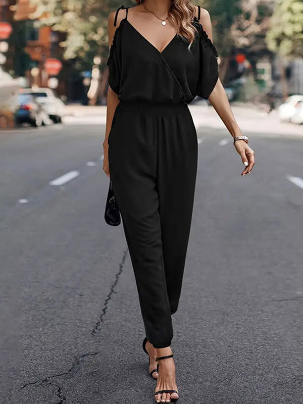 Elasticity Pleated Solid Color Tied High Waisted Sleeveless Cold Shoulder Jumpsuits