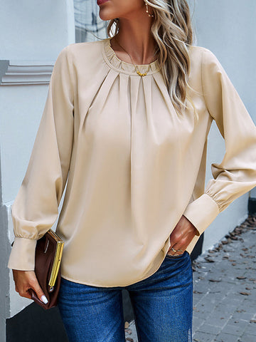 Pleated Solid Color Split-Joint Loose Puff Sleeves Round-Neck Blouses