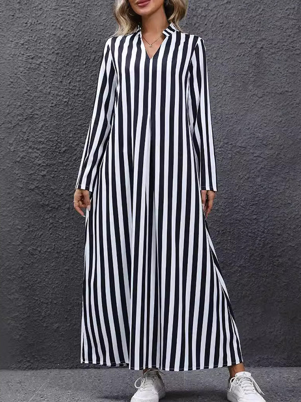 Contrast Color Pleated Striped A-Line Long Sleeves V-Neck Maxi Dresses