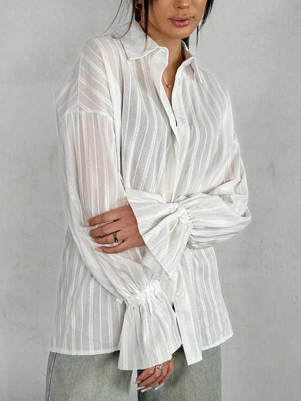 Drawstring See-Through Solid Color Split-Joint Loose Puff Sleeves Lapel Blouses&Shirts Tops