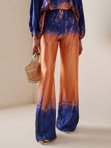 Contrast Color Gradient Split-Joint Tie-Dyed High Waisted Loose Trousers Pants