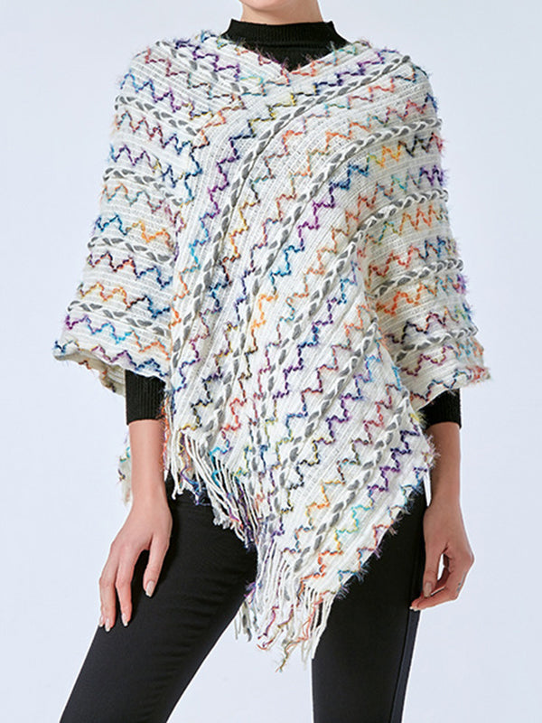 Asymmetric Striped Tasseled Loose V-Neck Shawl&Cloak Cape