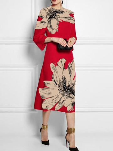 Contrast Color Flower Print Loose Three-Quarter Sleeves Round-Neck Midi Dresses