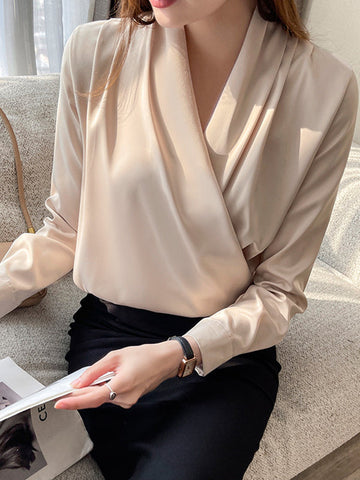 Buttoned Solid Color Long Sleeves Loose V-Neck Blouses&Shirts Tops