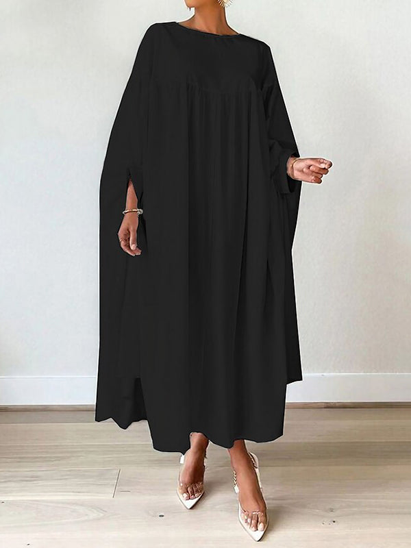 Pleated Solid Color Split-Joint Batwing Sleeves Loose Round-Neck Maxi Dresses