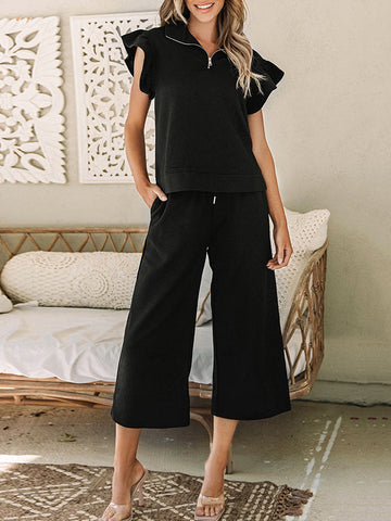 Solid Color Zipper Loose Ruffle Sleeves Split-Joint Lapel T-shirt Top + Drawstring Pockets Pants Bottom Two Pieces Set