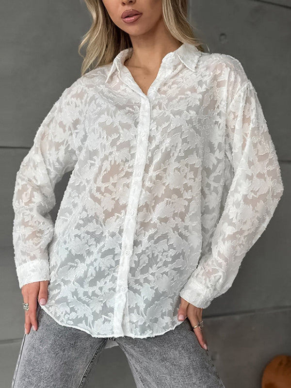 Jacquard See-Through Split-Joint Long Sleeves Loose Lapel Blouses&Shirts Tops