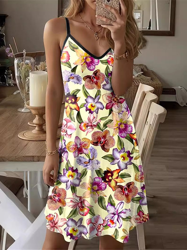 Flower Print Loose Sleeveless Spaghetti-Neck Mini Dresses