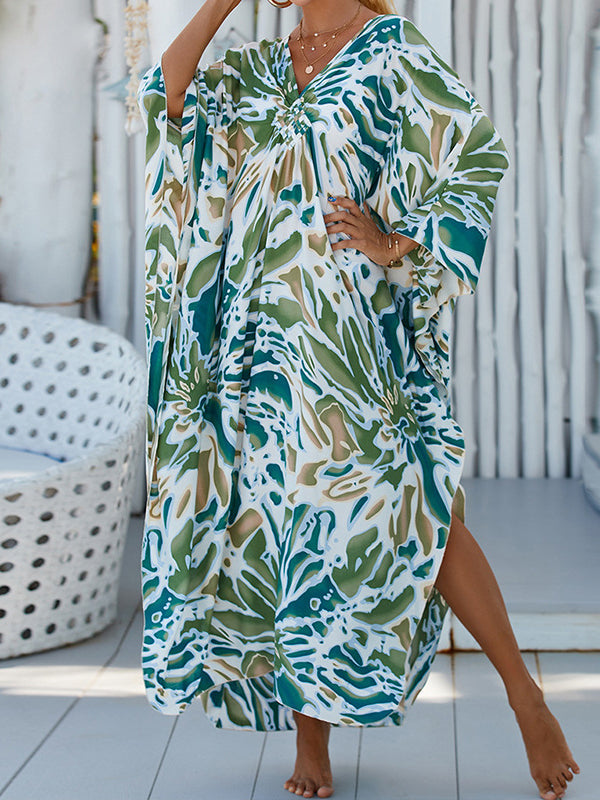 Printed Split-Joint Split-side Sun protection Batwing Sleeves Loose V-neck Maxi Dresses Beach Cover-Up