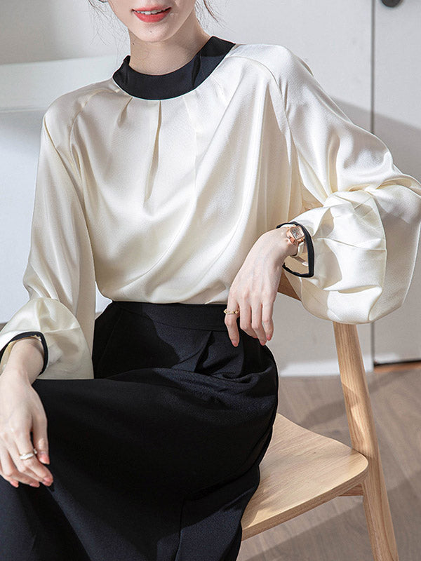 Contrast Color Pleated Split-Joint Loose Puff Sleeves Stand Collar Blouses