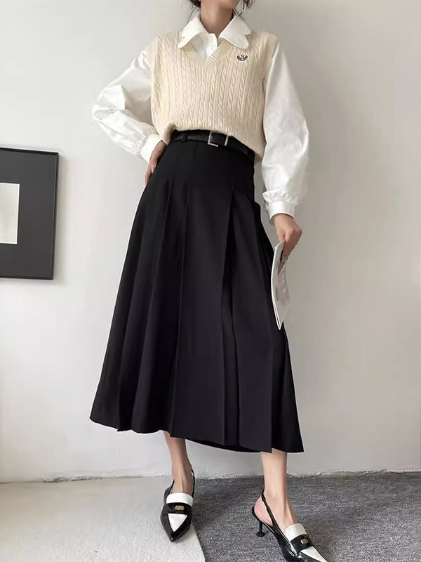 Pleated Solid Color Split-Joint A-Line High Waisted Skirts